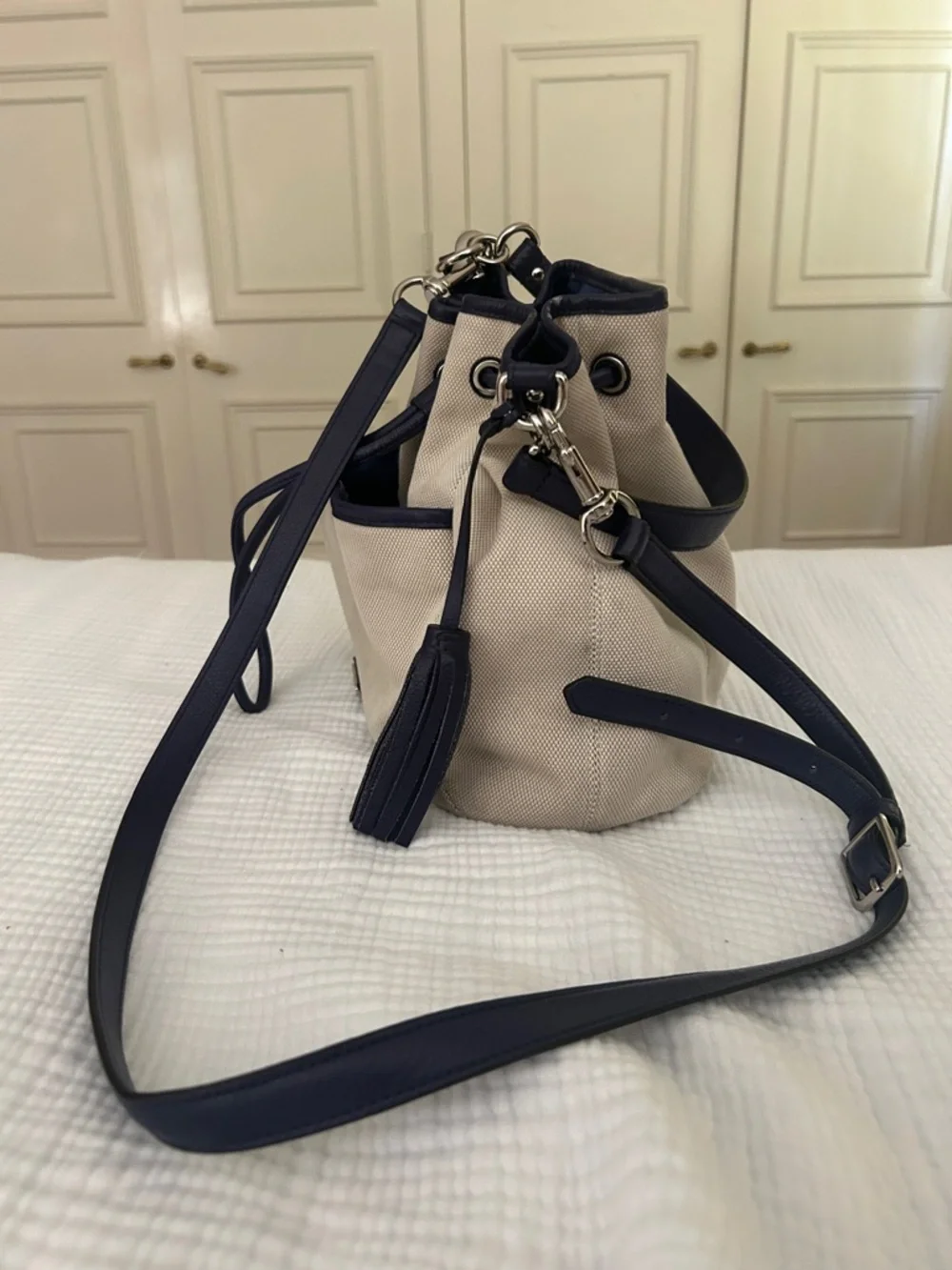 Coach Canvas + Navy Leather Drawstring Shoulder Bucket Bag Silver Hardware